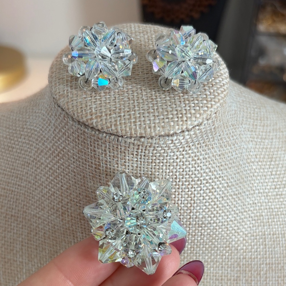 Price cut 
Crystal AB Flower Brooch and Earring set 
CLIP